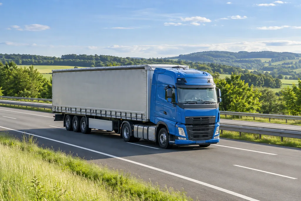 Blauer Sattelzug auf einer Landautobahn bei Tageslicht – Illustration