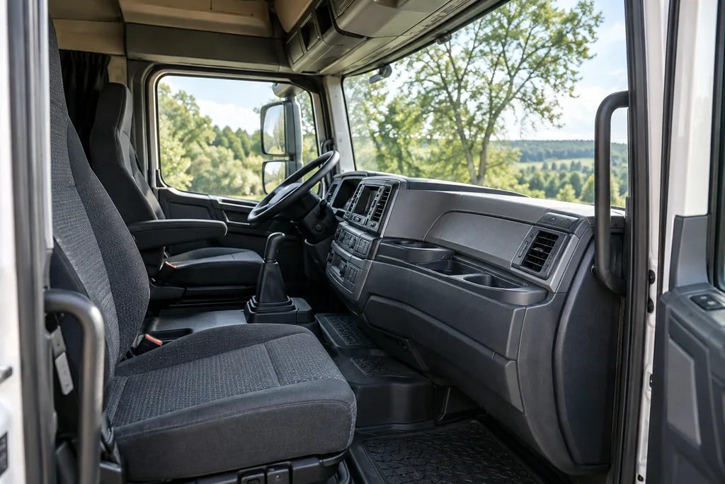 Gepflegtes Fahrerhaus eines LKW mit Sitzen und Armaturen – Illustration