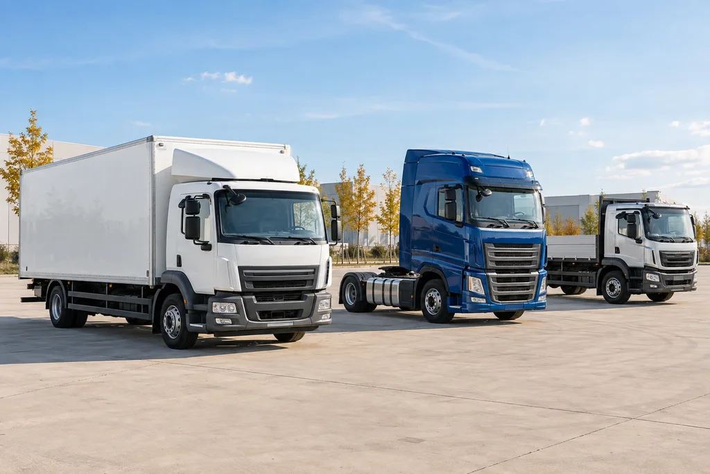 Koffer-LKW, Sattelzugmaschine und Pritschen-LKW auf einem hellen Hof – Illustration