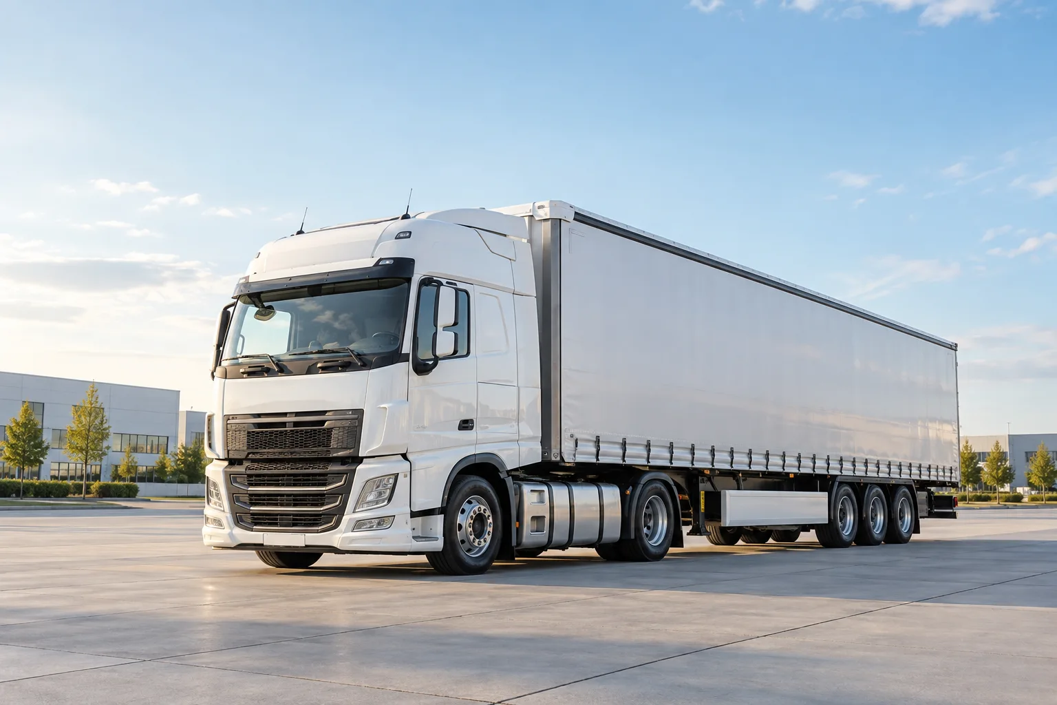 Weißer Sattelzug mit Auflieger auf einem Logistikgelände – illustrative Darstellung